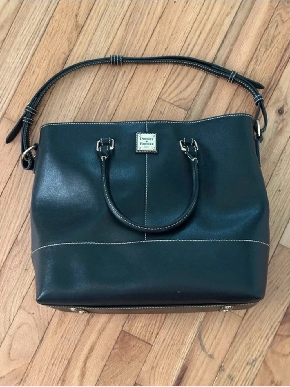 Dooney & Bourke Black Leather Satchel with White Stitching